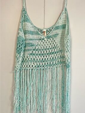 Shoreline Crochet Fringe Tank Top S/M Mint Green White Boho Festival